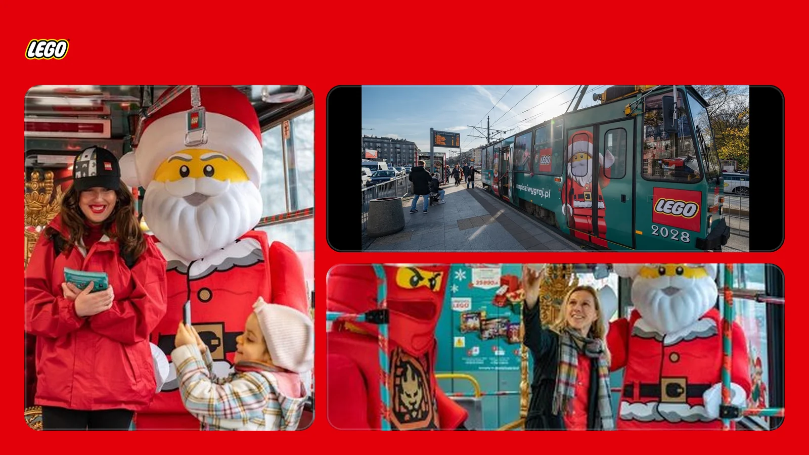 Plansza projektu LEGO: tramwaj w świątecznej oprawie LEGO na przystanku w Warszawie, mama i dziecko z dużą figurą Mikołaja LEGO oraz pasażerka przy postaci Ninjago i półce z zestawami.