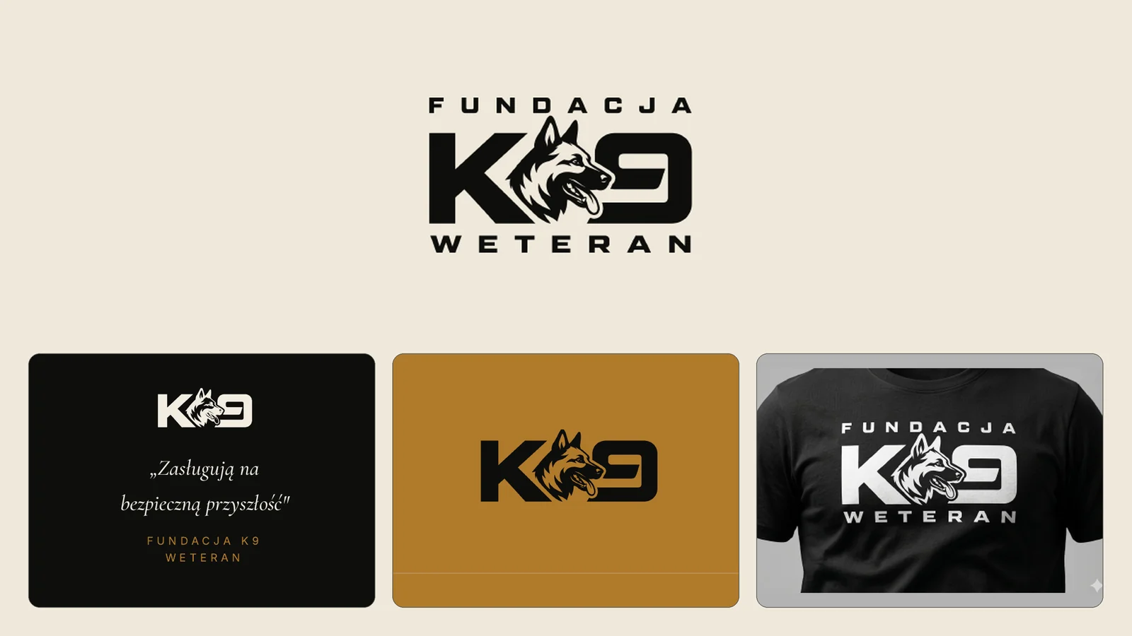 Fundacja K9 Weteran. Identyfikacja wizualna: logo, hasło „Zasługują na bezpieczną przyszłość”, wizytówka i koszulka z nadrukiem.