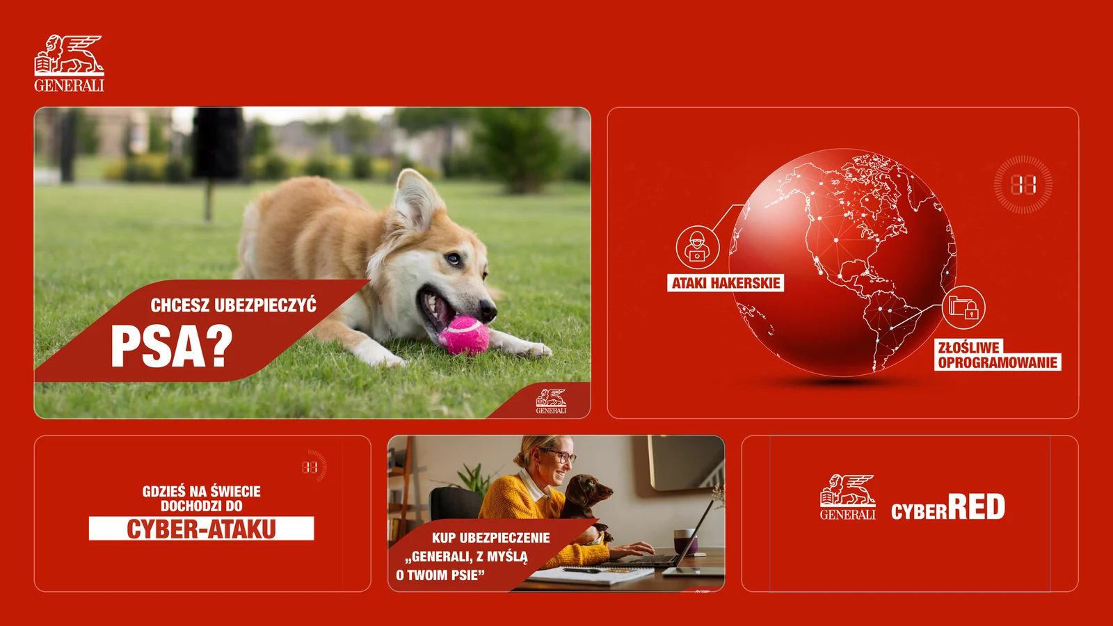 Brand-board kampanii #EDUGENERALI dla marki Generali. Seria animacji edukacyjnych, które tłumaczą ubezpieczenia prostym językiem: kadry kampanii „z myślą o Twoim psie” oraz „CyberRED” w czerwono-białej identyfikacji marki.