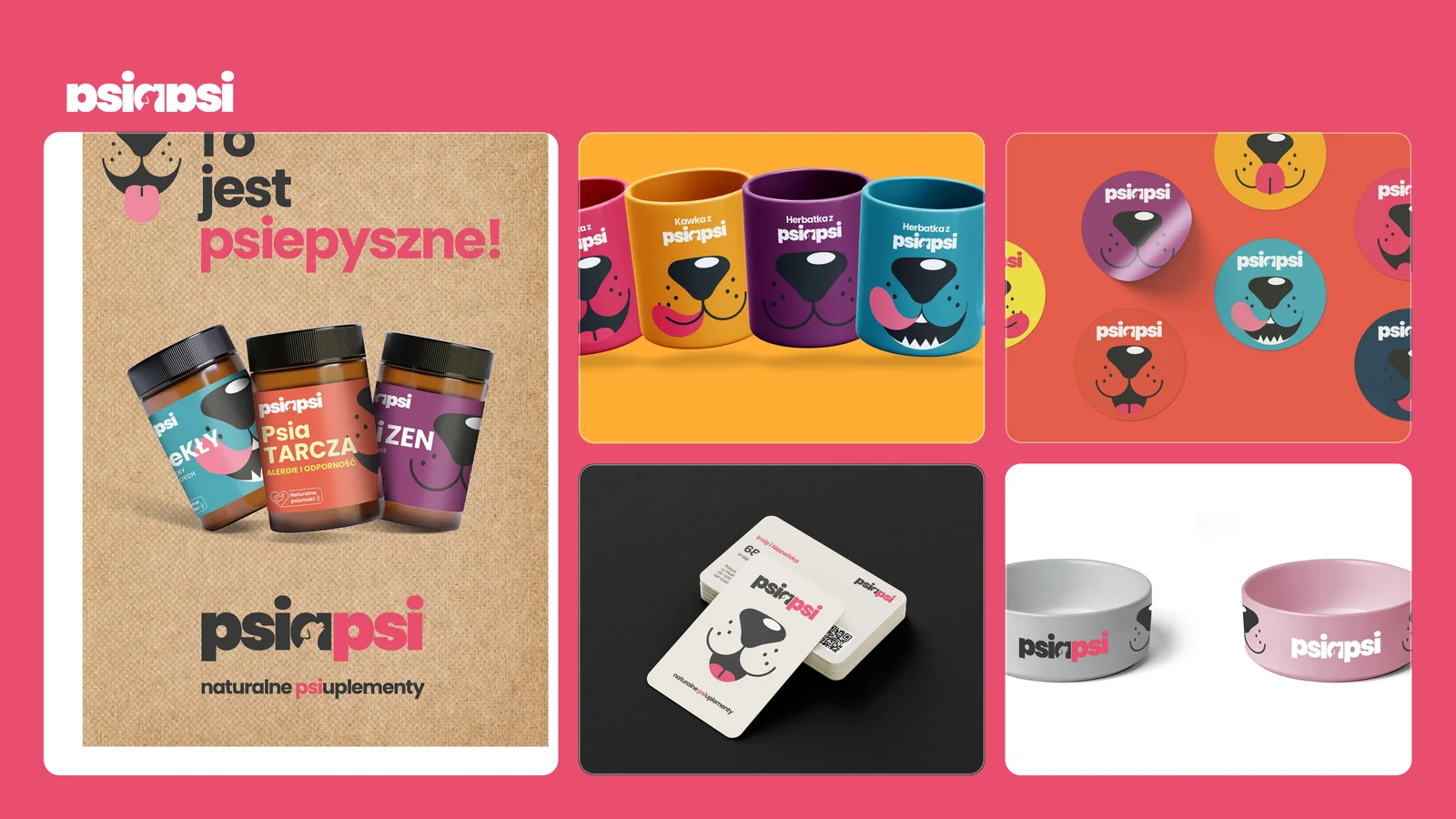 Brand-board marki PsiaPsi w sygnaturowym różu. Identyfikacja wizualna naturalnych suplementów dla psów: key visual z opakowaniami, kubki, naklejki z psim pyszczkiem, wizytówki i miski.