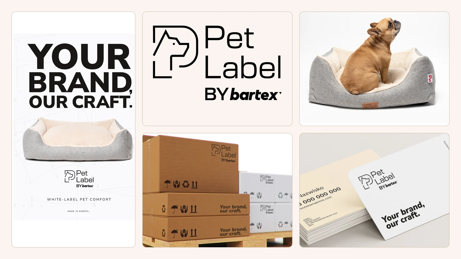 PetLabel by Bartex. Pełna identyfikacja marki white-label legowisk: logo z konturem psa, key visual „Your brand, our craft.”, lifestyle, opakowania i wizytówka.