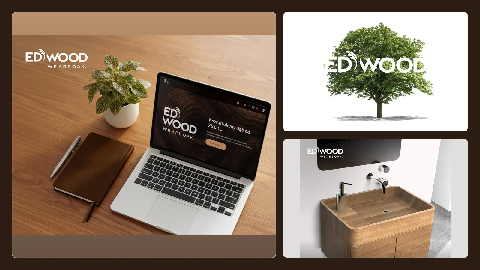 Edwood. Identyfikacja, strona WWW i produkt B2C w dębowej estetyce: logo „We are oak”, serwis „Kształtujemy dąb od 25 lat” na laptopie, dąb jako znak marki oraz dębowa umywalka.